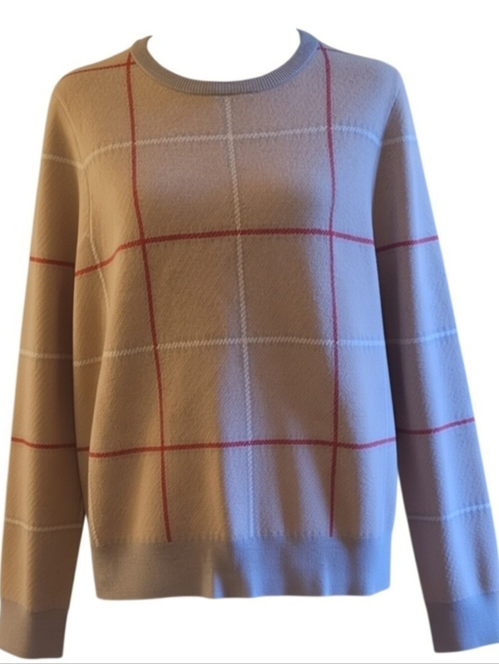 Tahari Tan Crewneck Sweater with Red & White Windowpane